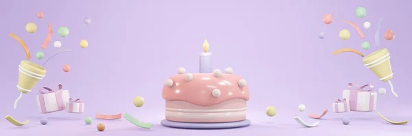 在生日派对横幅的主题概念中 用蜡烛和派对吹毛求疵的人把生日蛋糕三维渲染出来 3D渲染示例 — 图库照片