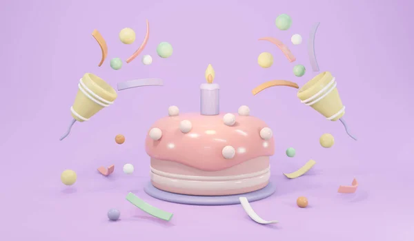在生日派对背景的粉刷主题概念中 用蜡烛和派对吹毛求疵的方式3D渲染生日蛋糕 3D渲染示例 — 图库照片