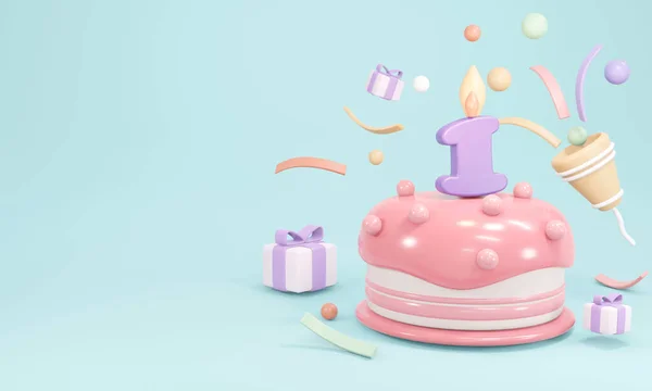 三维渲染的油腻的生日蛋糕党与蜡烛1号与复制空间蓝色背景 3D渲染示例 — 图库照片