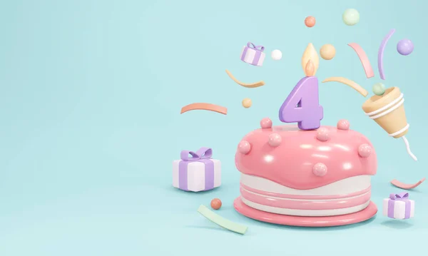 三维渲染的油腻的生日蛋糕党与蜡烛4号蓝色背景复制空间 3D渲染示例 — 图库照片