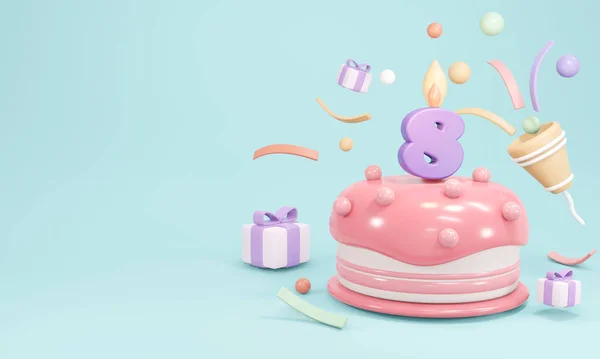 三维渲染的油腻的生日蛋糕党与蜡烛8号蓝色背景复制空间 3D渲染示例 — 图库照片