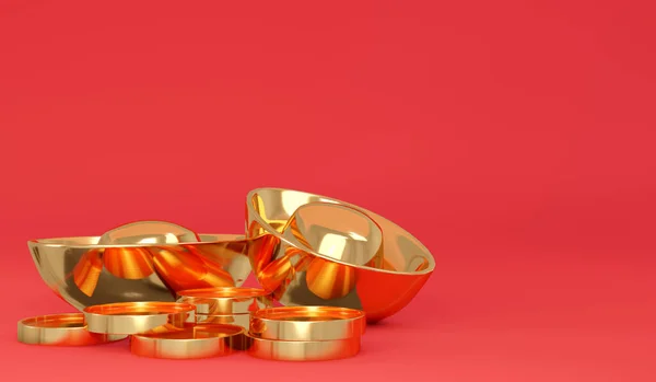 光沢のある中国の金のバーのインゴットと黄金のコインのパノラマシーンの3Dレンダリングと赤の背景バナーにスペースをコピーします 3Dレンダリングイラスト — ストック写真
