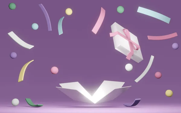 Rendering Gift Box Open Reveal Balnk Space Explosion Confetti Pastel — стоковое фото
