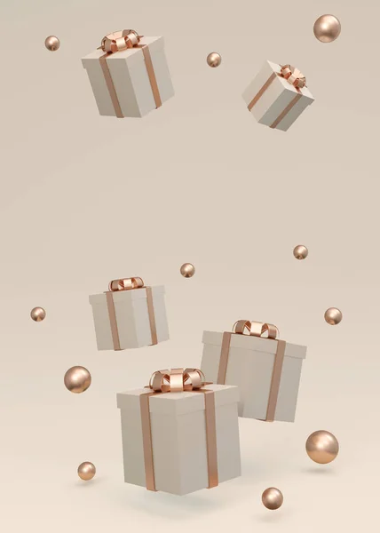 Rendering Wrapped Gift Box Floating Vertical Background Gold Beige Theme — Zdjęcie stockowe