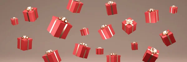 Rendering Red Gift Box Gold Ribbon Bow Falling Background Render — Foto de Stock