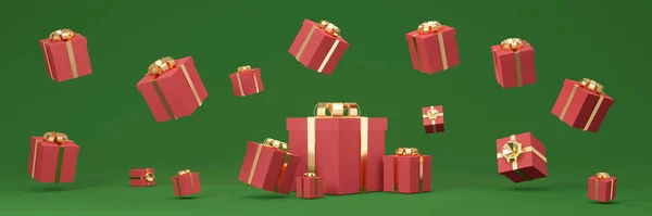 包装礼品盒的3D渲染在红色绿色主题的长水平背景上漂浮 3D渲染示例 — 图库照片