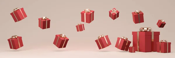 Rendering Wrapped Gift Box Floating Long Horizontal Background Red Beige — стоковое фото