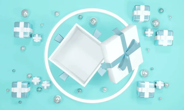 小さなプレゼントと幾何学的な要素が商業デザインのための青のテーマで構成されている内部の空のスペースを示すオープンギフトボックスのトップビューの3Dレンダリングコンセプト 3Dレンダリングイラスト — ストック写真