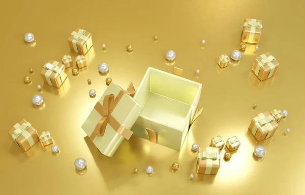 Rendering Concept Gold Present Box Opens Show Luxury Geometric Elements — Zdjęcie stockowe