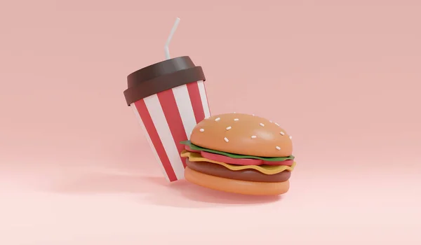 Rendering Concept Food American Breakfast Set Meal Burger Soda Pink — Foto Stock