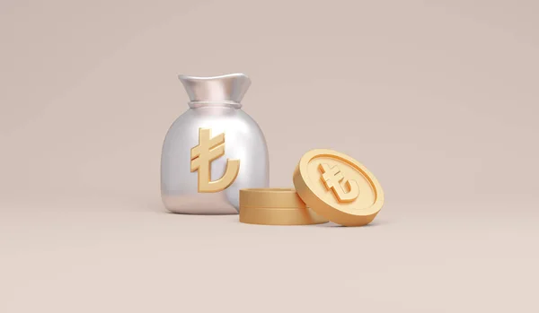 3Dレンダリングシンボルトルコのリラマネーバッグとお金通貨のコインコンセプト 3Dレンダリング 3Dイラスト — ストック写真