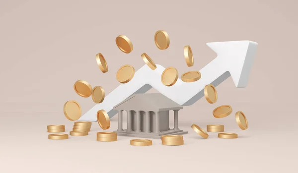 3D経済 財務省の背景の概念を指摘銀行のアイコンと矢印グラフを持つお金コインのレンダリング 3Dレンダリングイラスト — ストック写真