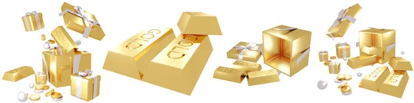 Set Rendering Golden Gold Bar Gift Elements Isolate White Background — Foto Stock