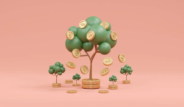 Rendering Concept Money Investment Trees Coins Falling Background Render — Stock fotografie