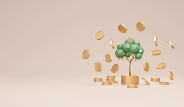 3D渲染树木 硬币落在硬币堆栈上 背景概念上的货币树金融投资与复制空间 3D渲染示例 — 图库照片