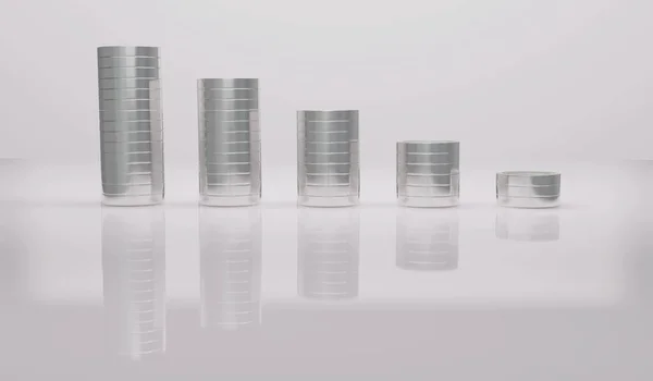 Rendering Concept Silver Coin Stack Glossy Floor White Background Render — 스톡 사진