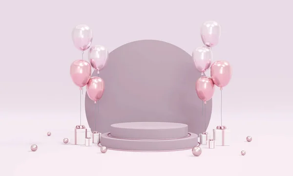 Rendering Concept Podium Product Display Balloons Purple Theme Background Commercial — Zdjęcie stockowe