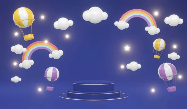 Rendering Product Stand Podium Display Rainbow Clouds Hot Air Balloons — Foto de Stock