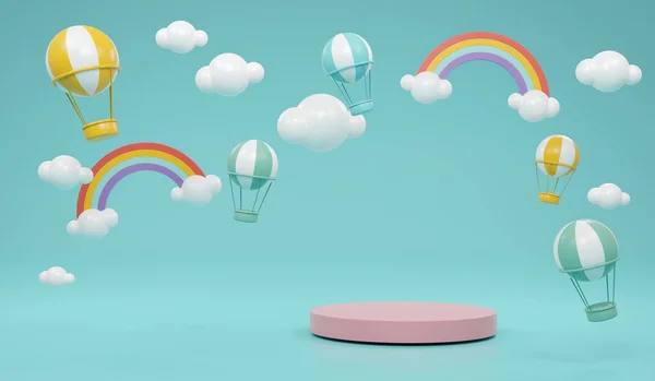 Rendering Product Stand Podium Display Rainbow Clouds Hot Air Balloons — Stock fotografie