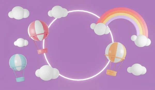 3D渲染产品展示圆环与彩虹云热气球和恒星背景为商业设计 最小的紫色主题 3D渲染示例 — 图库照片