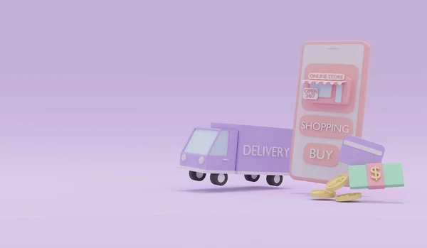 Rendering Smartphone Delivery Truck Money Credit Card Concept Online Marketing — 图库照片