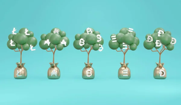 Rendering Concept Investment Money Tree Symbols Cryptocurrency Lite Coin Bitcoin — Stock Photo, Image