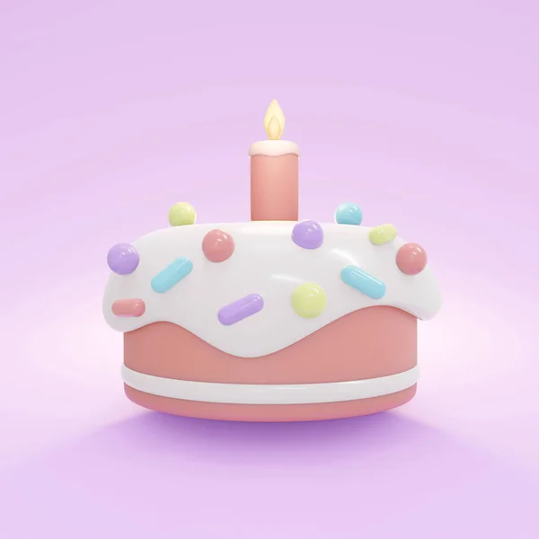 在生日派对横幅背景概念的基础上 以蜡烛为粉刷主题的三维生日蛋糕渲染 3D渲染插图 正方形框 — 图库照片