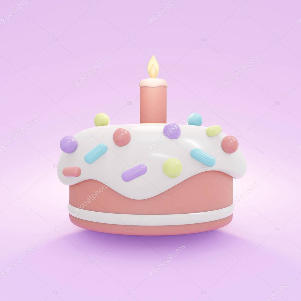 3D Rendering of birthday cake with candle in pastel theme on background concept of birthday party banner. 3D Render illustration. Square frame.