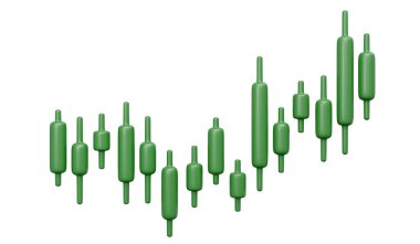 Borsada asgari ticaret grafiğinin yeşille büyütülmesi, borsa veri analizi eğiliminin beyaz arka plan kavramında izole edilmiştir. 3 Boyutlu Resim Çizimi.
