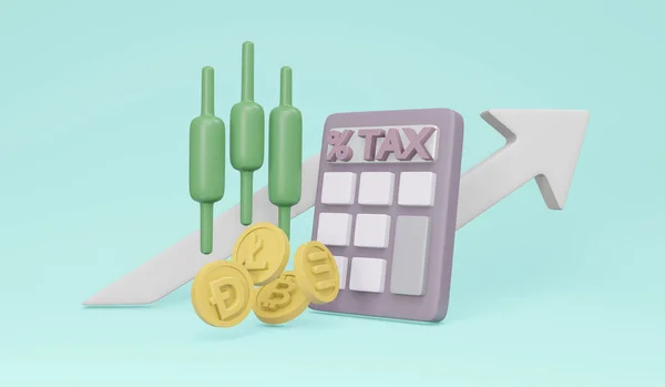 Vykreslování Kalkulačky Tax Obrazovce Symboly Kryptoměny Grafem Burzovního Trhu Zelené — Stock fotografie