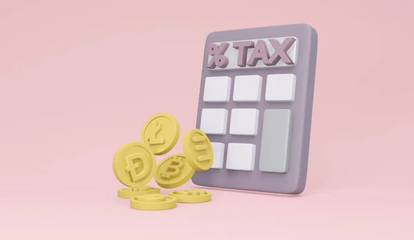 三维渲染的计算器屏幕上的Tax与加密货币符号硬币背景概念的加密税 3D渲染示例 — 图库照片