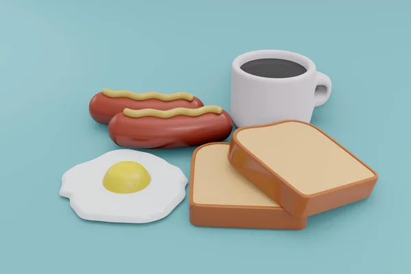 Rendering American Breakfast Set Includes Hot Coffee Fried Egg Sausage — Fotografia de Stock