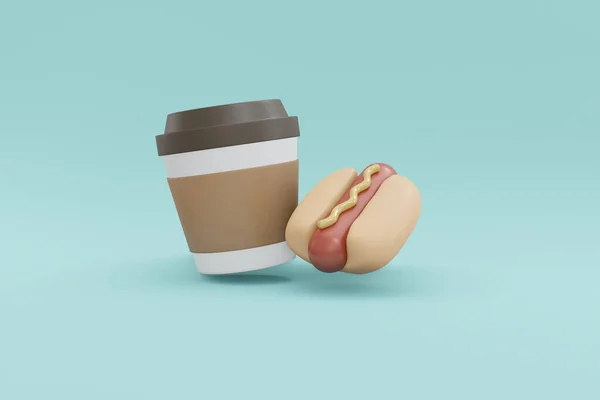 3Dレンダリング食品の概念は アメリカの朝食 青い背景にホットドッグの入ったコーヒーカップ 3Dレンダリング 3Dイラスト ミニマルなデザインテンプレート — ストック写真