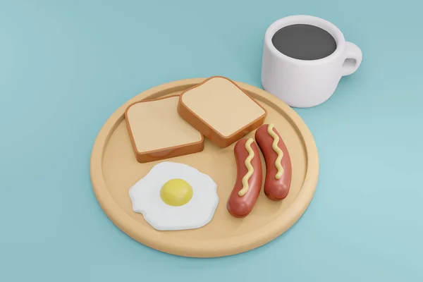 Rendering Amerikansk Frukost Set Innehåller Varm Kaffe Stekt Ägg Korv — Stockfoto