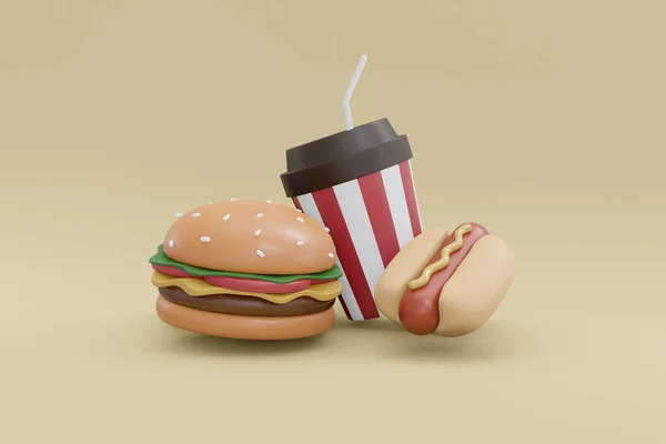 Rendering American Snack Set Includes Soda Cup Hot Dog Burger — Fotografia de Stock