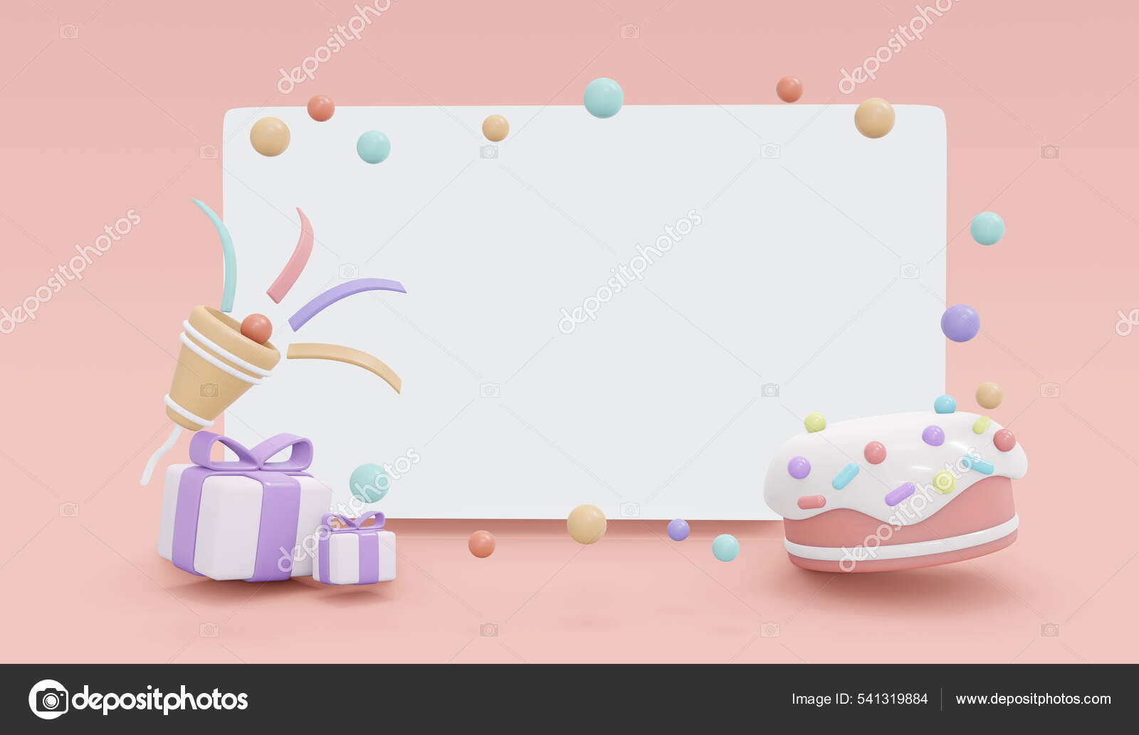 Rendering Party Popper Gift Box Cake Confetti Blank Paper Copy Stock