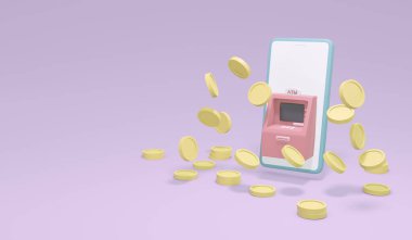 Mobil bankacılık uygulaması ve teknoloji kavramının arka planında ekranda ATM makineli akıllı telefonun 3 boyutlu görüntülenmesi. 3B canlandırma çizim çizim biçimi.