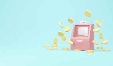Bankacılık ve teknoloji kavramı üzerine 3 boyutlu bozuk para ve pembe ATM makinesi üretimi. 3B canlandırma çizim çizim biçimi.