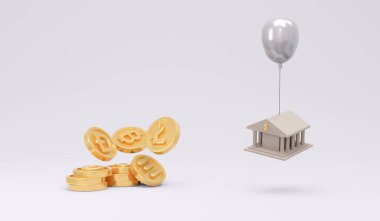 3D Rending balonu, şifreli paralar ile banka simgesini havaya kaldırdı. Kripto para birimi kavramı gelecekteki finans biriminin yerini aldı. 3D Render Illustrasyon. Yerdeki Şifreleme Parası.
