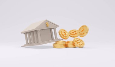 3D Rendering Bank simgesi şifreleme madeni para yığınları konsepti Fiat para birimi gelecekteki mali yerini alır. 3 Boyutlu Resim Çizimi.