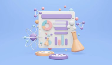 Bilim elementlerinin 3 boyutlu yorumlanması atom şişesi DNA molekül plakası bakteri ve bilimsel deneysel arka plan konsepti üzerine kağıt araştırmaları. 3B canlandırma çizim çizim biçimi.