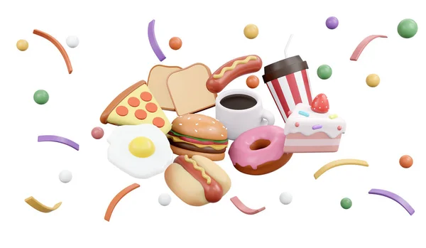 3Dレンダリング食品や飲み物のアイコンは アメリカのファーストフードの食事や飲み物の白い背景の概念に隔離されました 3Dレンダリングイラスト漫画スタイル — ストック写真