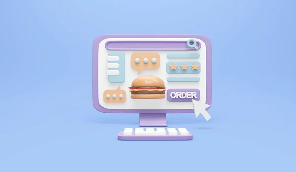 用按钮和鼠标在电脑上三维渲染汉堡包 点击网上订购食物的图标概念 3D插图最小的卡通风格 — 图库照片