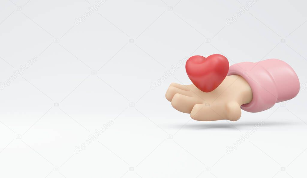 3D Rendering of hand with heart shape on and copy space isolated on white background concept of valentine's day love expression and donation. 3D render illustration cartoon style.