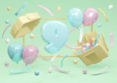 Üç boyutlu doğum günü partisi sunumu. 9 numaralı doğum günü, yeşil arka planda balonlar ve konfetilerle hediye kutusundan patlıyor. Üç boyutlu çizim. Üç boyutlu illüstrasyon. Asgari tasarım şablonu.