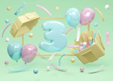 Üç boyutlu doğum günü partisi sunumu. 3 numaralı doğum günü hediyesi kutusunda balonlar ve yeşil arka planda konfetilerle birlikte patladı. Üç boyutlu çizim. Üç boyutlu illüstrasyon. Asgari tasarım şablonu.