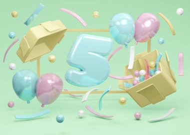 Üç boyutlu doğum günü partisi sunumu. 5 numaralı doğum günü partisi, yeşil arka planda balonlar ve konfetilerle birlikte hediye kutusundan patladı. Üç boyutlu çizim. Üç boyutlu illüstrasyon. Asgari tasarım şablonu.