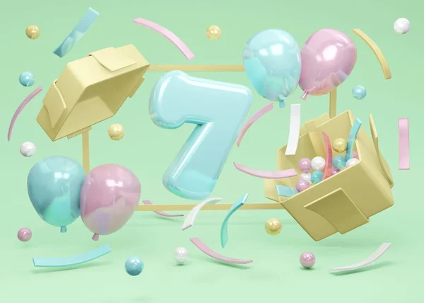 3D渲染快乐生日派对的概念 7岁生日从礼品盒里爆出 礼品盒上有气球和绿色背景的意大利面 3D渲染 3D插图 最小设计模板 — 图库照片