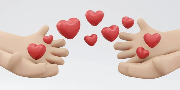 バレンタインデー 愛の表現 社会的支援と寄付の白い背景概念に隔離された心の形とコピースペースを持つ手の3Dレンダリング 3Dレンダリングイラスト漫画スタイル — ストック写真