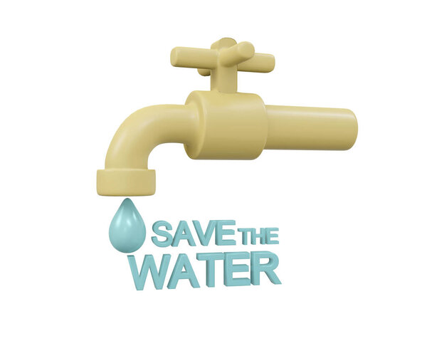 3D рендеринг капли воды из крана словом сохранить концепцию воды сохранить день воды в марте. 3D визуализация минимальный стиль мультфильма.